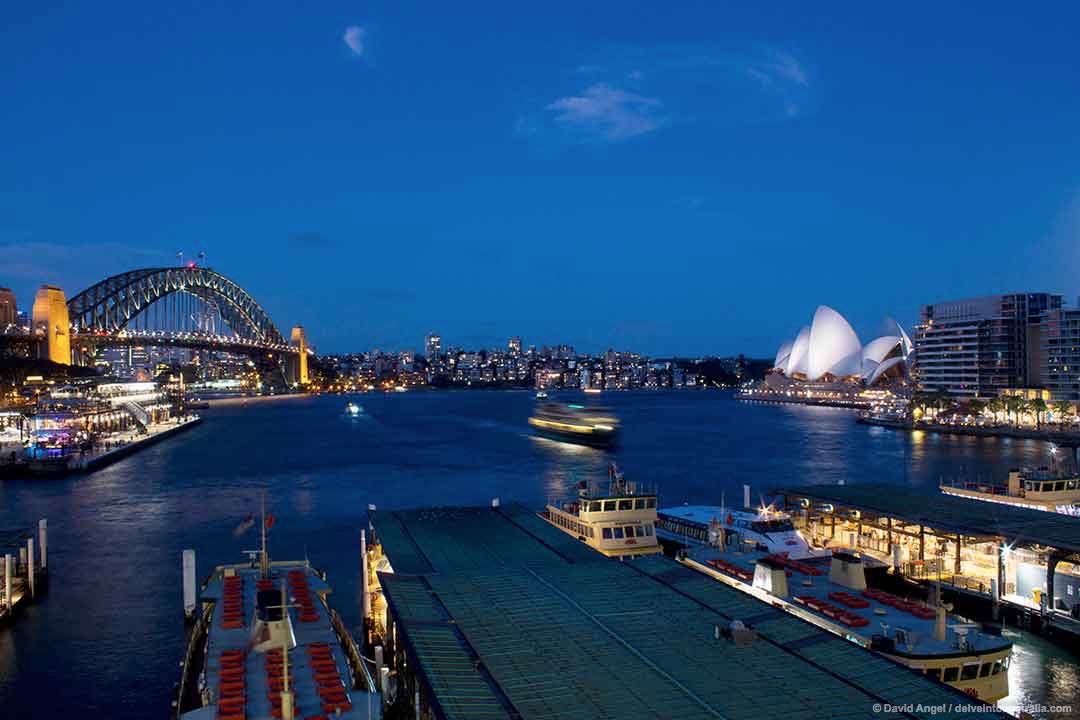 Image of Circular Quay, Sydney Opera House and Harbour Bridge at night
