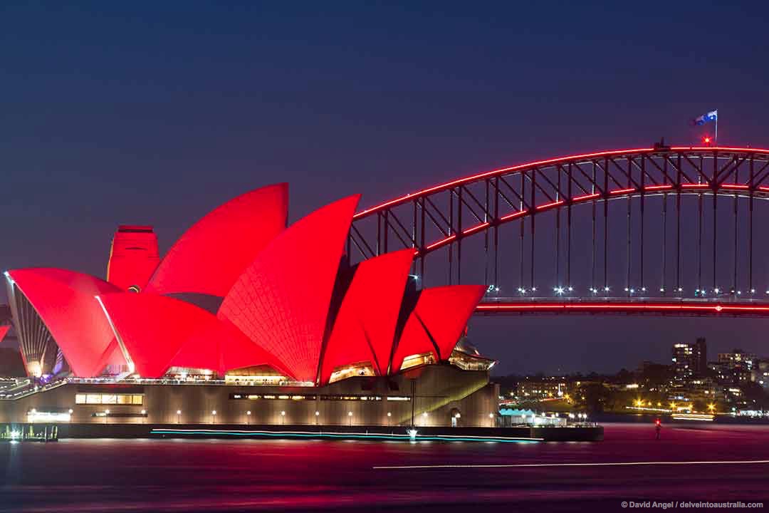 Image of Sydney Opera House lit up red for Chinese New Year